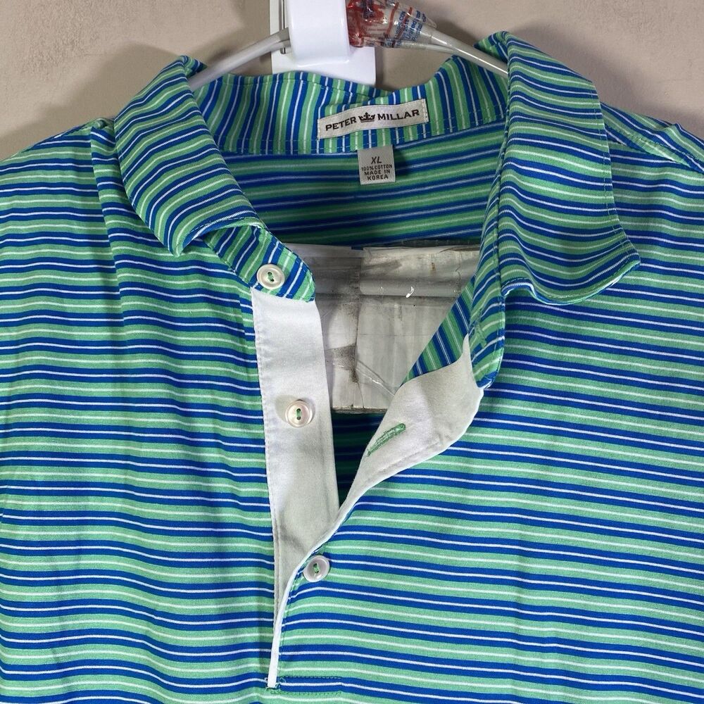 Peter Millar Polo Shirt Men XL Green Blue Striped Golf  Cotton Casual